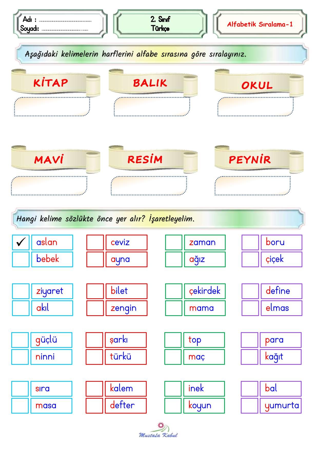 2 Sınıf Türkçe Alfabetik Sıralama