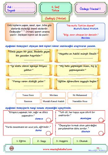 4.Sınıf Türkçe Deyimler ve Özdeyişler