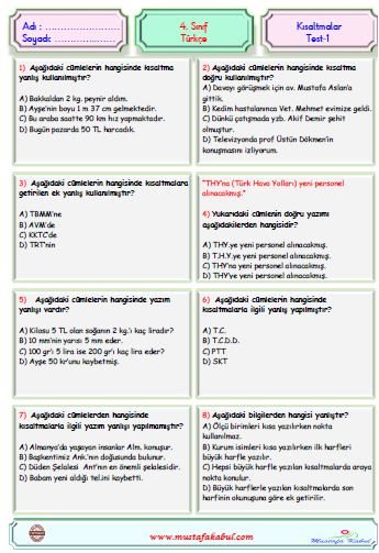 4.Sınıf Türkçe Kelime-Cümle Bilgisi