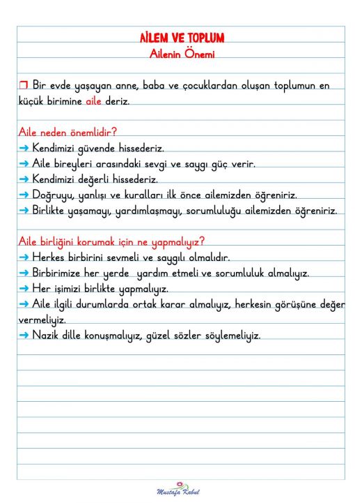  2.Sınıf Hayat Bilgisi Ailenin Önemi Defter Notu
