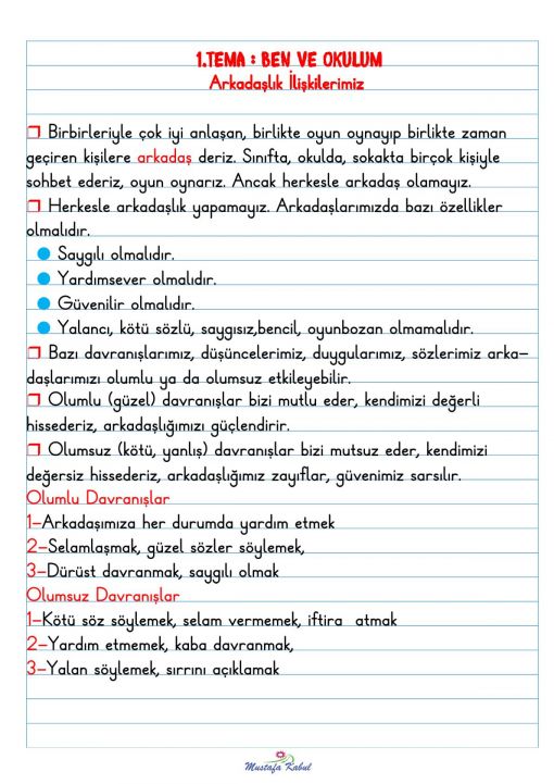  2.Sınıf Arkadaşlık İlişkilerimiz Defter Notları