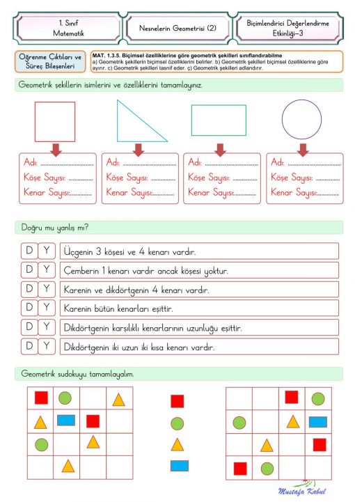   1.Sınıf Geometrik Şekiller Süreç Değerlendirme