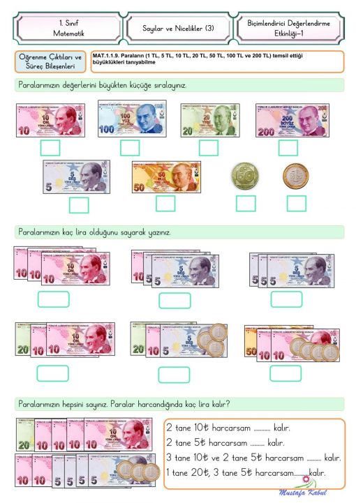  1.Sınıf Paralarımız Biçimlendirici Süreç Değerlendirme