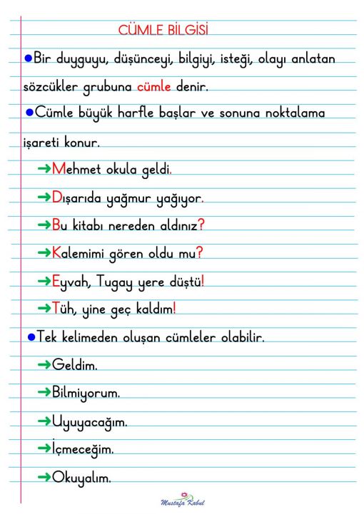  1.Sınıf Cümle Defter Notu