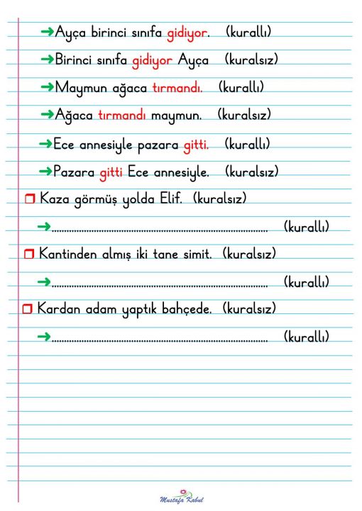   1.Sınıf Cümle Defter Notu