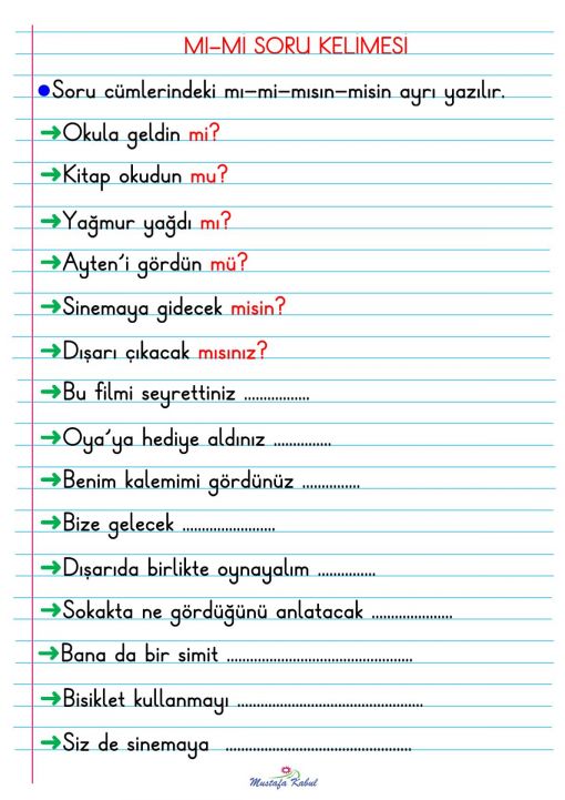 1.Sınıf Soru Edatı Mı-Mi'nin Yazılışı Defter Notu 1.Sınıf Soru Edatı Mı-Mi'nin Yazılışı Defter Notu