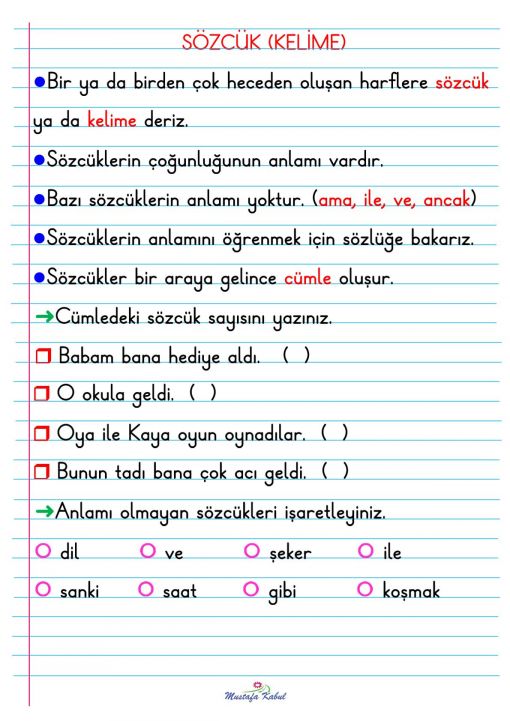  1.Sınıf Sözcük Kelime Defter Notu