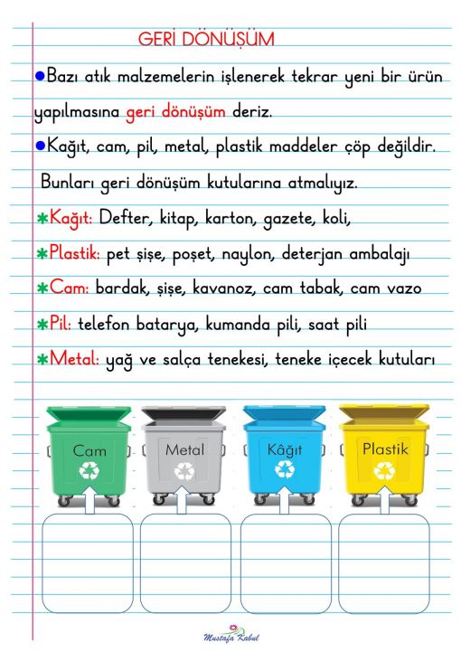  1.Sınıf Geri Dönüşüm Defter Notu