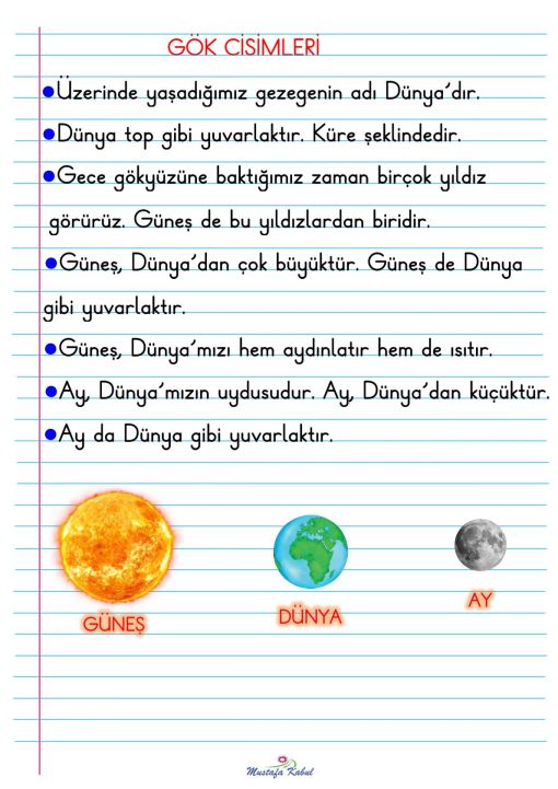 1.Sınıf Gök Cisimleri Defter Notu 1.Sınıf Gök Cisimleri Defter Notu