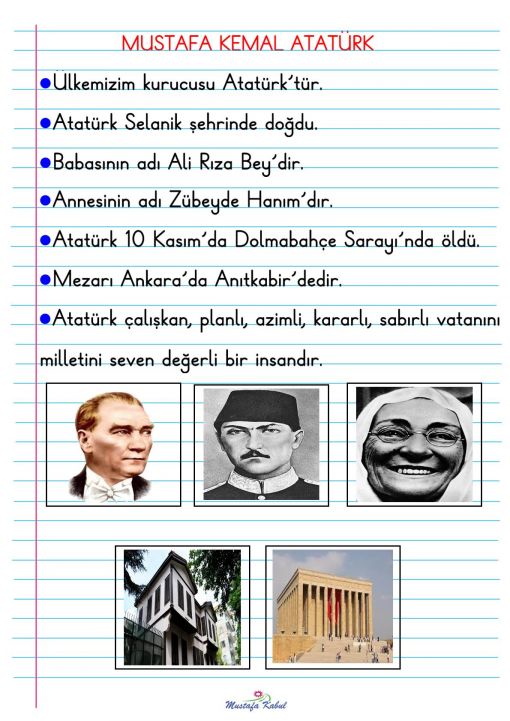 1.Sınıf Mustafa Kemal Atatürk'ün Hayatı Defter Notu