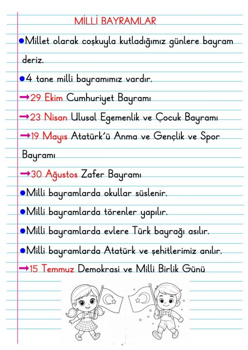 1.Sınıf Hayat Bilgisi Milli Bayramlar Defter Notu