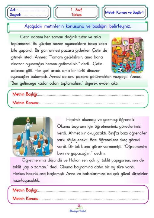  1.Sınıf Metnin Konusu ve Metnin Unsurları Öğeleri