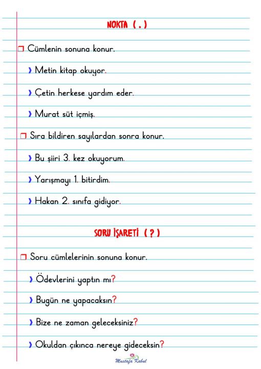   1.Sınıf Noktalama İşaretleri Defter Notu