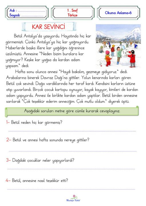   1.Sınıf Okuma Anlama Metinleri