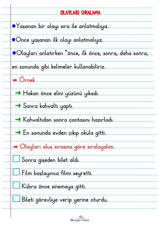 1.Sınıf Olayları Oluş Sırasına Göre Sıralama Defter Notu