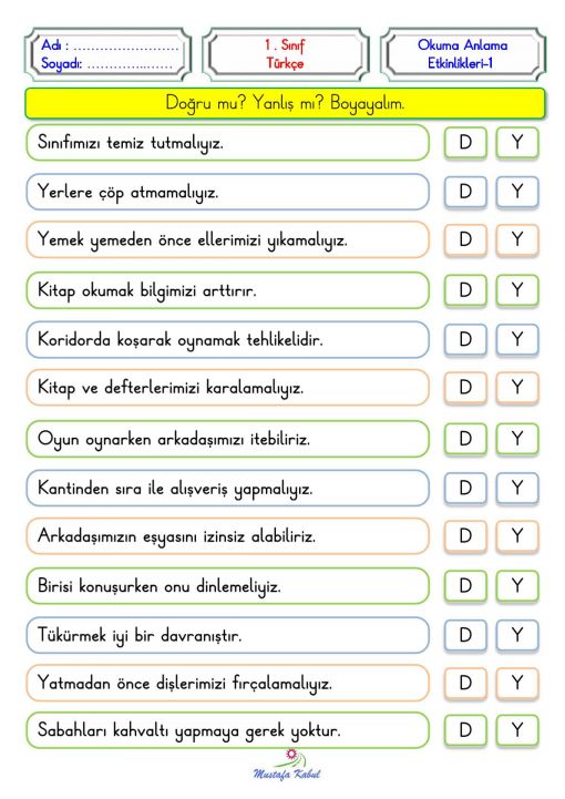  1.Sınıf Okuma Anlama Pekiştirme Etkinliği
