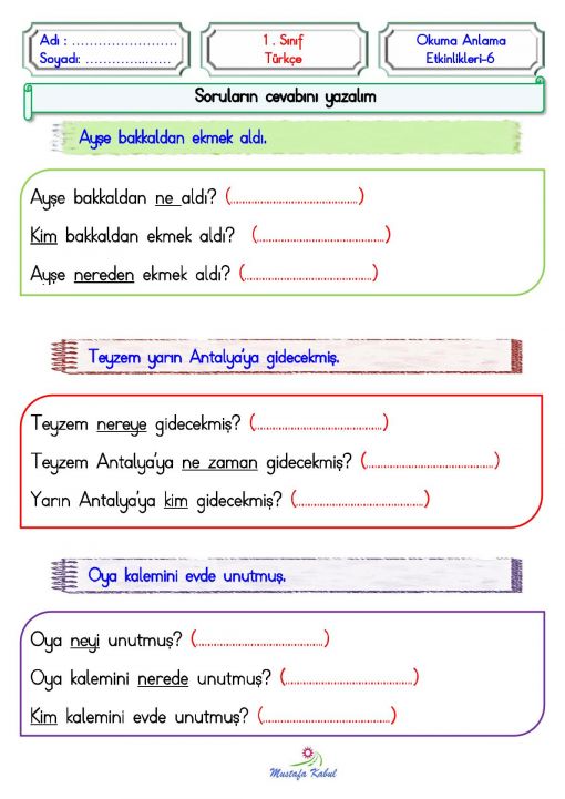   1.Sınıf Okuma Anlama Pekiştirme Etkinliği