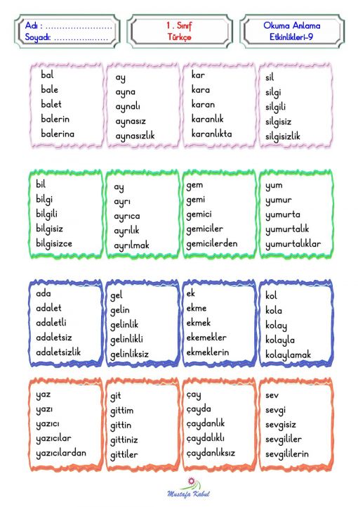   1.Sınıf Okuma Anlama Pekiştirme Etkinliği