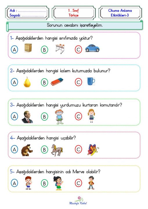   1.Sınıf Okuma Anlama Pekiştirme Etkinliği