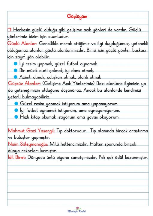  2.Sınıf Güçlü ve Gelişime Açık Alanlar Defter Notları