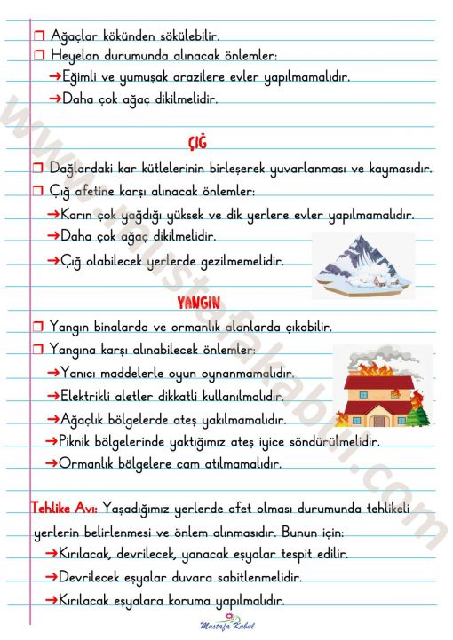  2.Sınıf Afetlere Karşı Önlemler Defter Notu