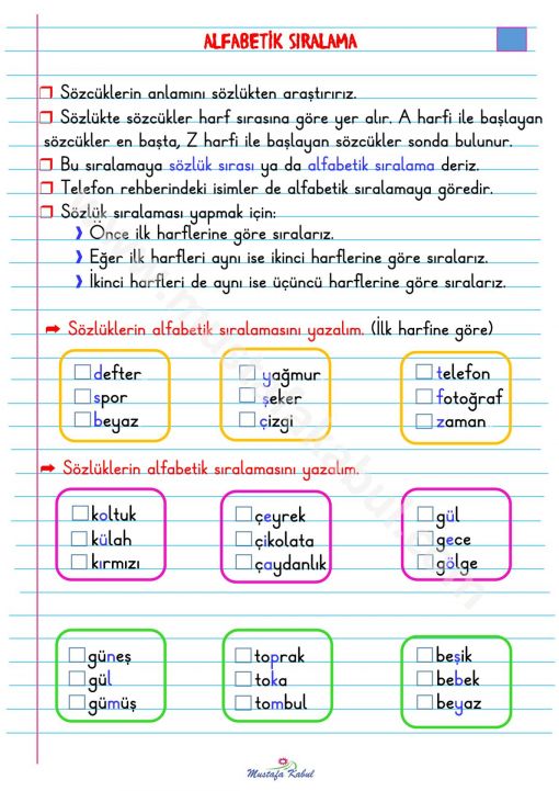  2.Sınıf Alfabetik Sıralama Defter Notu