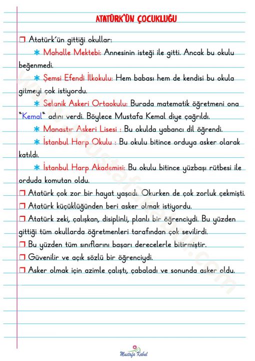 2.Sınıf Atatürk'ün Çocukluğu Defter Notu 2.Sınıf Atatürk'ün Çocukluğu Defter Notu