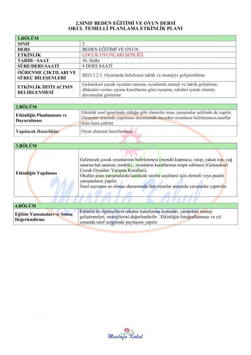 2.Sınıf Beden Eğitimi ve Oyun Okul Temelli Planlama Etkinliği Örnekleri