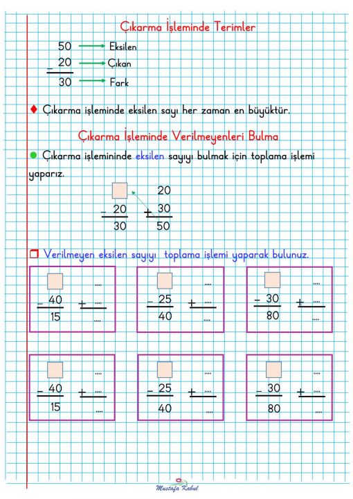  2.Sınıf Çıkarma İşlemi Defter Notu
