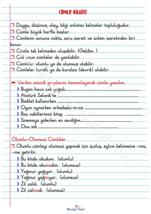  2.Sınıf Cümle Bilgisi Defter Notu-1