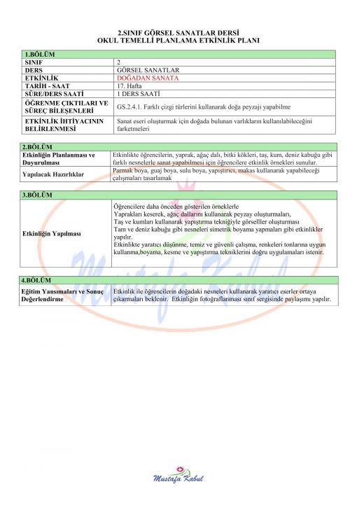 2.Sınıf Görsel Sanatlar Okul Temelli Planlama Etkinliği Örnekleri