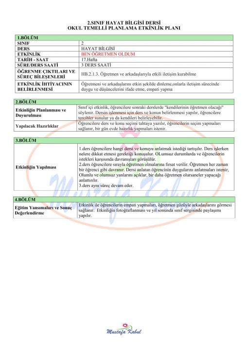 2.Sınıf Hayat Bilgisi Okul Temelli Planlama Etkinliği Örnekleri