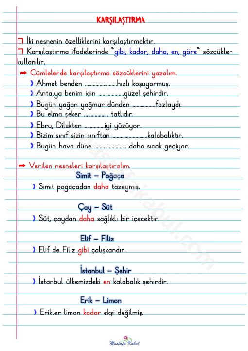 2.Sınıf Karşılaştırma İfadeleri Defter Notu