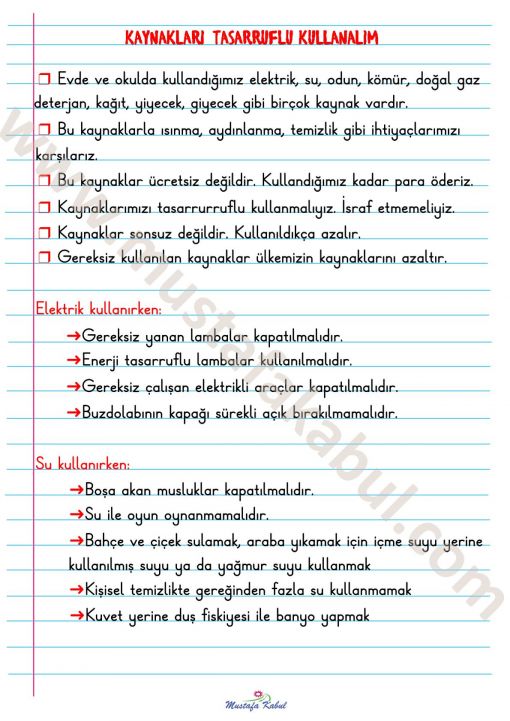  2.Sınıf Kaynakları Tasarruflu Kullanma Defter Notu