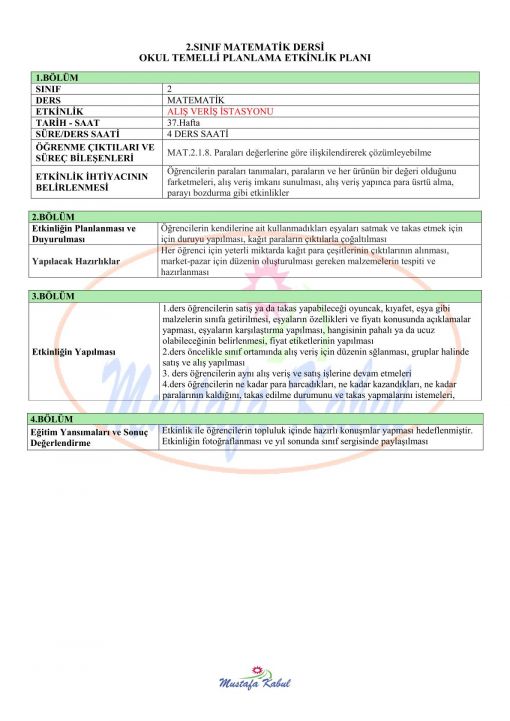 2.Sınıf Matematik Okul Temelli Planlama Etkinliği Örnekleri