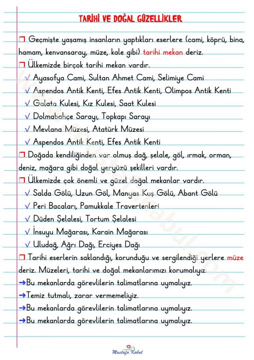 2.Sınıf Tarihi ve Doğal Güzellikler Defter Notu