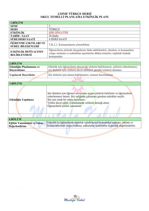 2.Sınıf Türkçe Okul Temelli Planlama Etkinliği Örnekleri