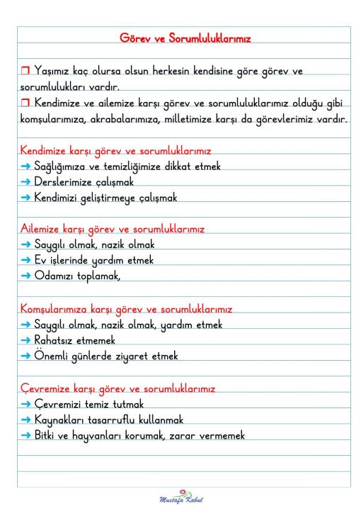  2.Sınıf Görev ve Sorumluklarımız Defter Notu