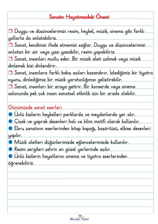  2.Sınıf Sanatın Önemi Defter Notu