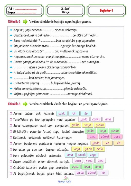 3.Sınıf Bağlaçlar ve Bağlama Öğeleri