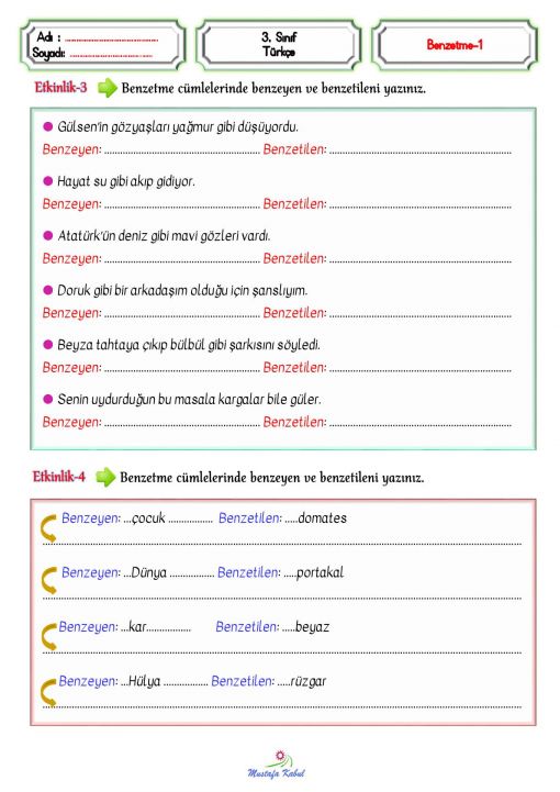  3.Sınıf Benzetme Öğeleri ve Cümleleri