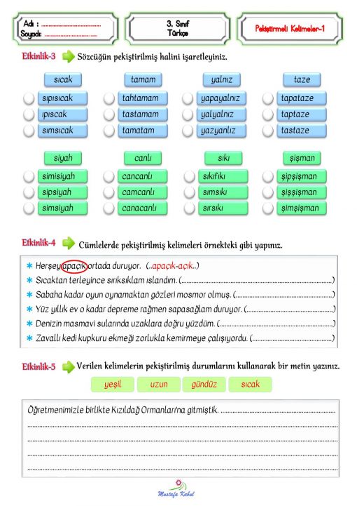 3.Sınıf Pekiştirmeli Kelimeler