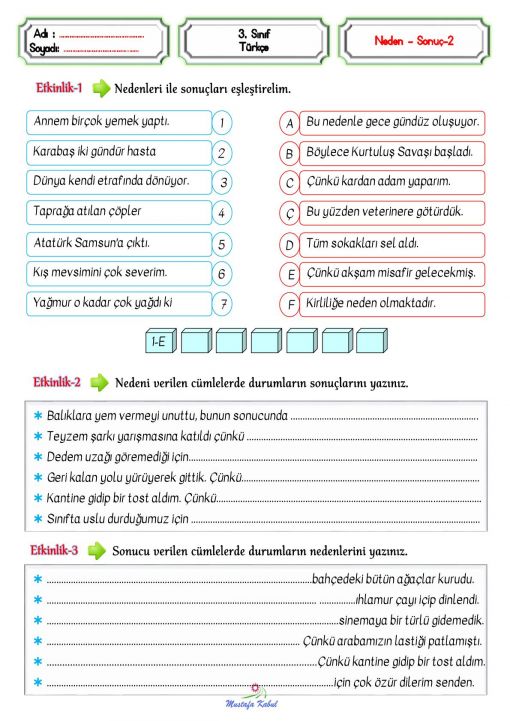  3.Sınıf Neden Sonuç Cümleleri ve İfadeleri