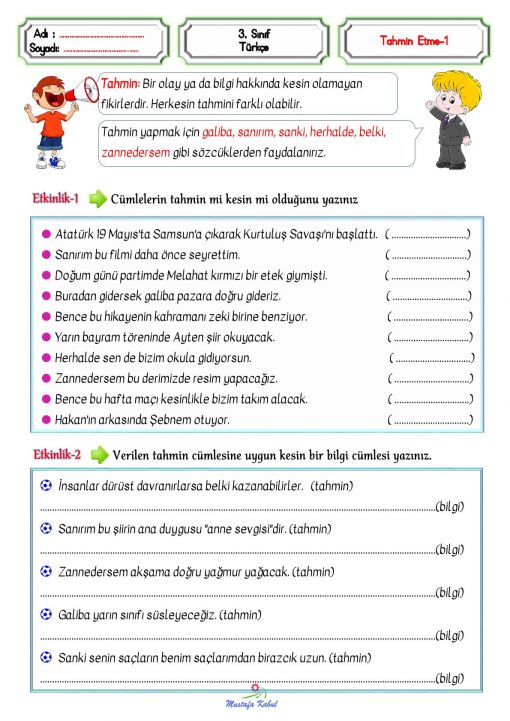 3.Sınıf Tahmin Etme İfadeleri ve Cümleleri