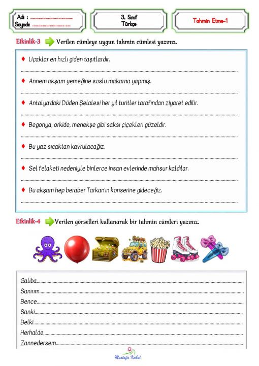 3.Sınıf Tahmin Etme İfadeleri ve Cümleleri