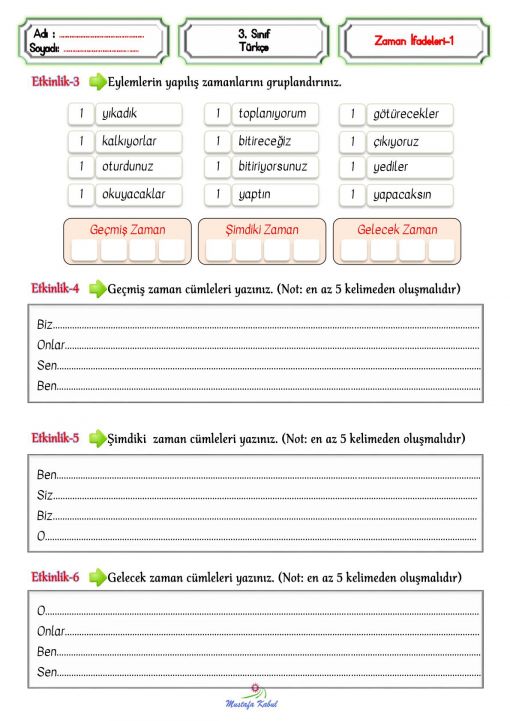 3.Sınıf Zaman Cümleleri ve İfadeleri 