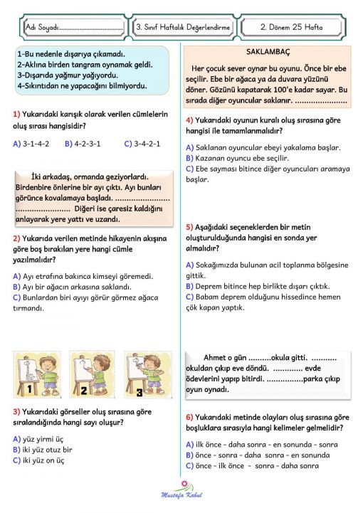  3.Sınıf Türkçe Olayların Oluş Sırası