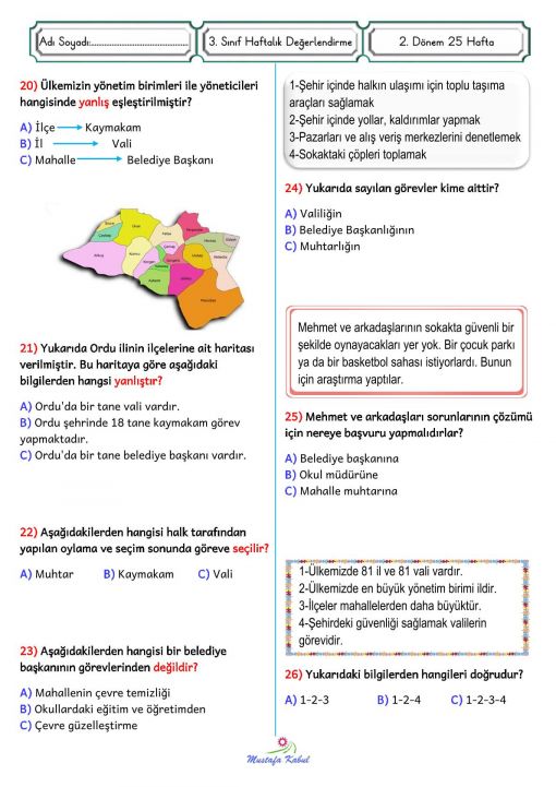  3.Sınıf Hayat Bilgisi Ülkemizin Yönetim Birimleri