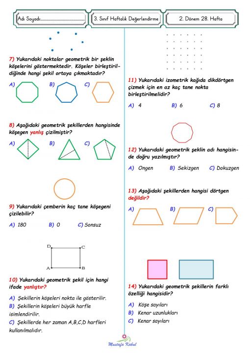  3.Sınıf Matematik Geometrik Şekiller ve Cisimler