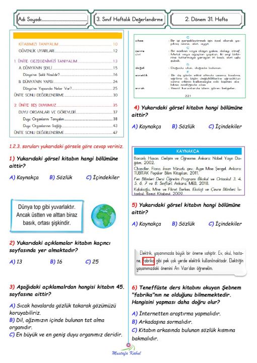  3.Sınıf Türkçe Kitabın Bölümleri